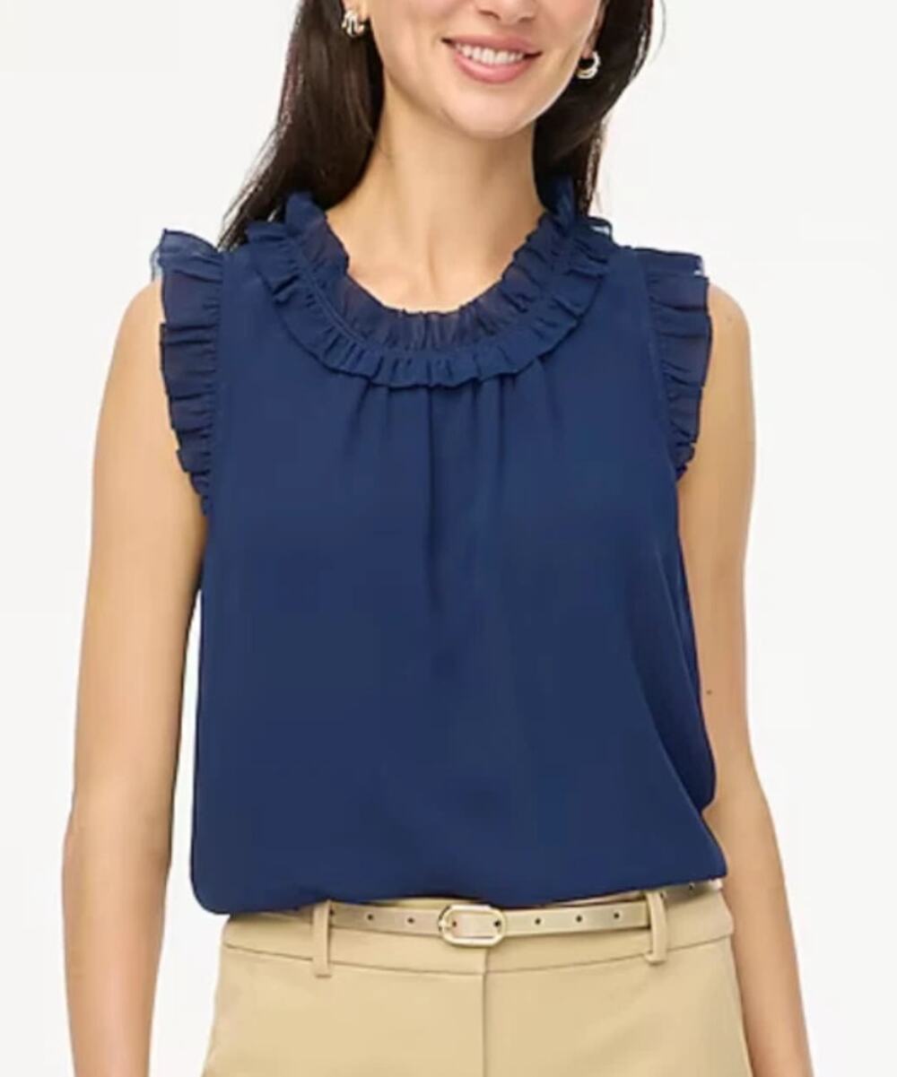 J.Crew Ruffled Neck Crinkle Top WMNS S Navy Blue Sleeveless Sheer Lined Crewneck